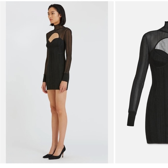 HERVE LEGER / NWT NEW layered sheer ribbed plated mini dress in black small s - Picture 5 of 5